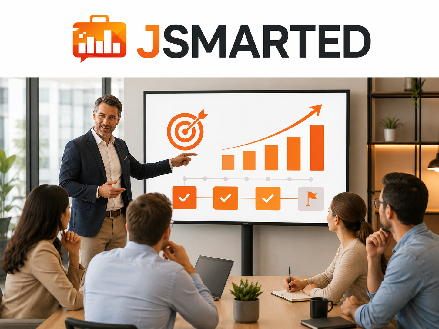 Dirigente che presenta gli obiettivi aziendali al team con JSMARTED